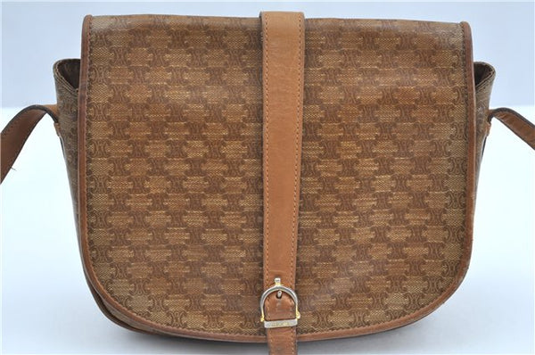 Authentic CELINE Macadam Blason Shoulder Cross Body Bag PVC Leather Beige J9561