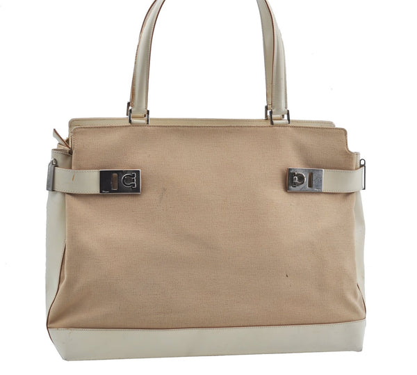 Auth Ferragamo Gancini Canvas Leather Shoulder Tote Bag Purse Beige Ivory J9562