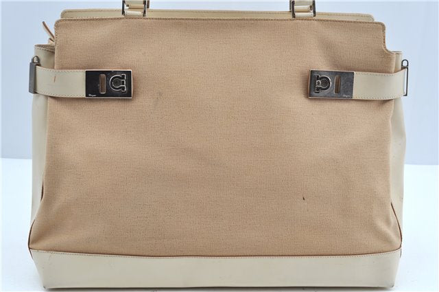 Auth Ferragamo Gancini Canvas Leather Shoulder Tote Bag Purse Beige Ivory J9562