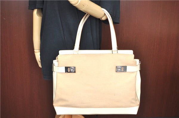 Auth Ferragamo Gancini Canvas Leather Shoulder Tote Bag Purse Beige Ivory J9562