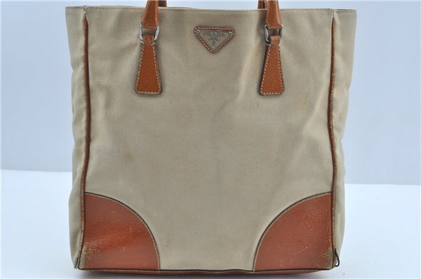 Authentic PRADA Canvas Leather Shoulder Tote Bag Purse Beige Brown J9563