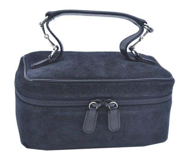 Authentic GUCCI Horsebit Vanity Bag Pouch Purse Suede Leather Navy Junk J9576