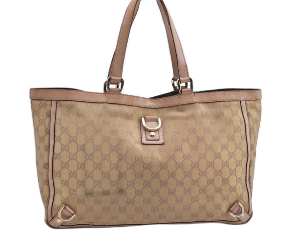 Authentic GUCCI Abbey Shoulder Tote Bag GG Canvas Leather 141472 Gold Pink J9578