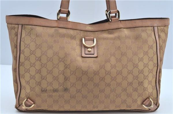 Authentic GUCCI Abbey Shoulder Tote Bag GG Canvas Leather 141472 Gold Pink J9578