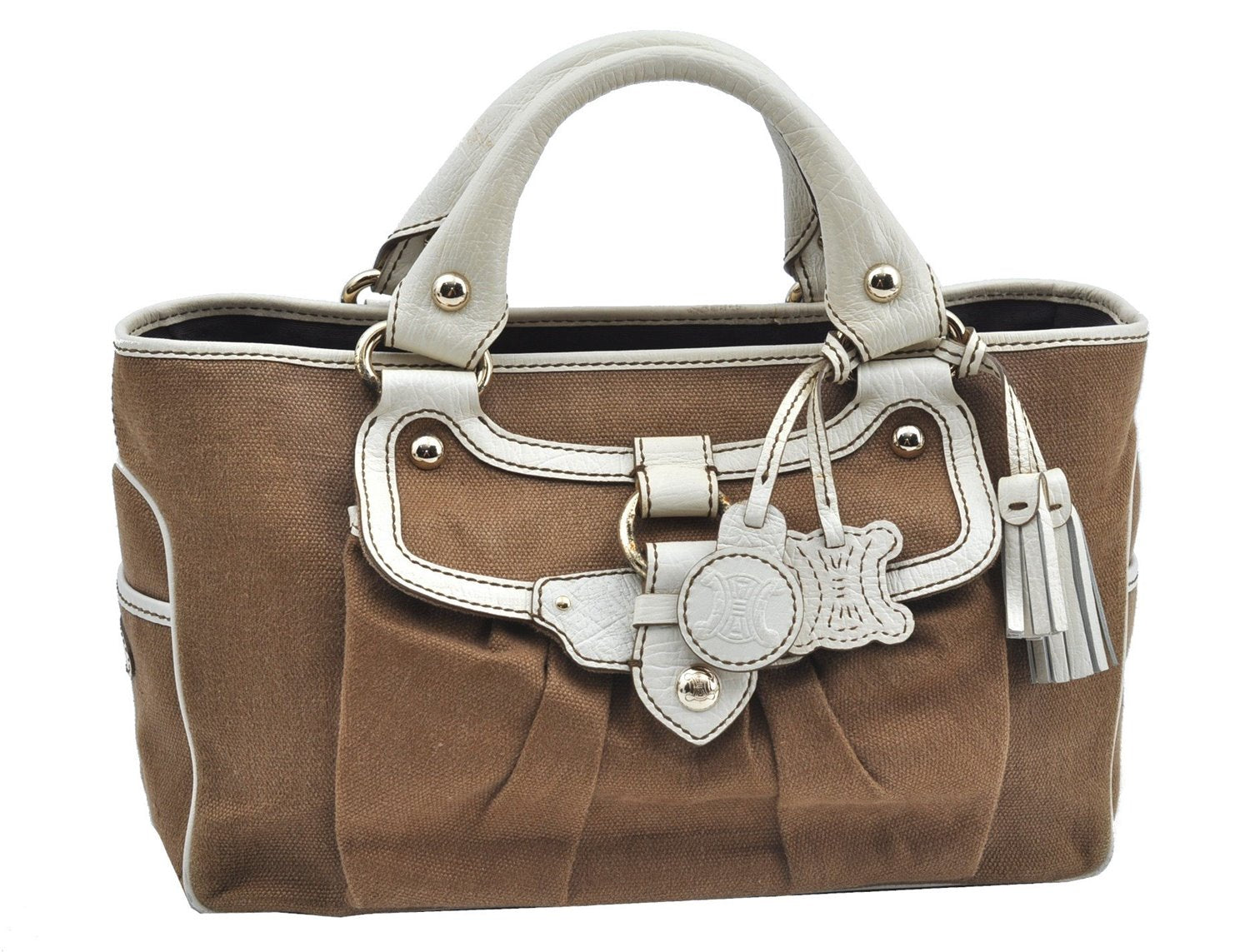 Authentic CELINE Boogie Bag Hand Bag Purse Canvas Leather Brown White J9585