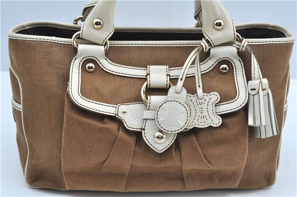 Authentic CELINE Boogie Bag Hand Bag Purse Canvas Leather Brown White J9585