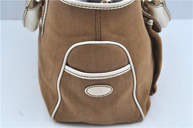 Authentic CELINE Boogie Bag Hand Bag Purse Canvas Leather Brown White J9585