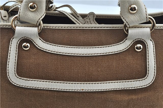 Authentic CELINE Boogie Bag Hand Bag Purse Canvas Leather Brown White J9585