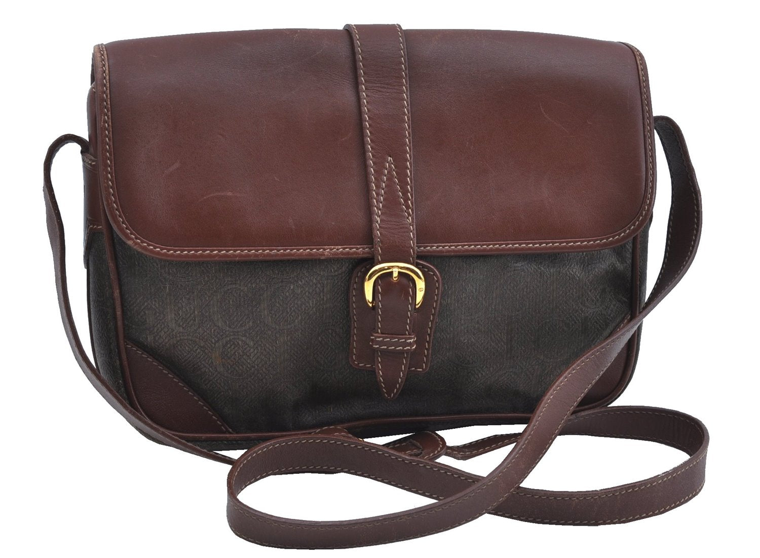 Authentic GUCCI Shoulder Cross Body Bag Logo Canvas Leather Khaki Junk J9591