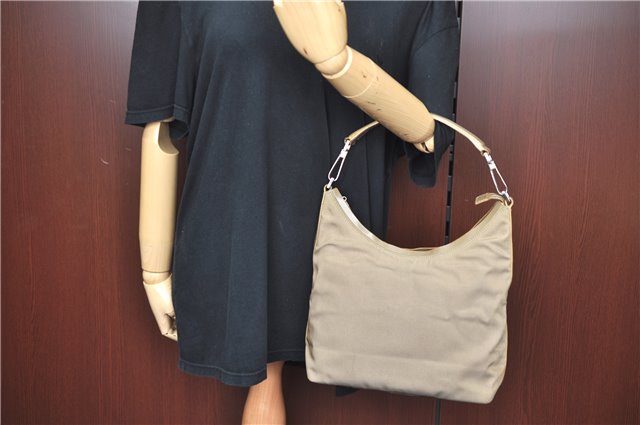 Authentic GUCCI Shoulder Hand Bag Purse Nylon Leather 000602 Beige Gray J9605