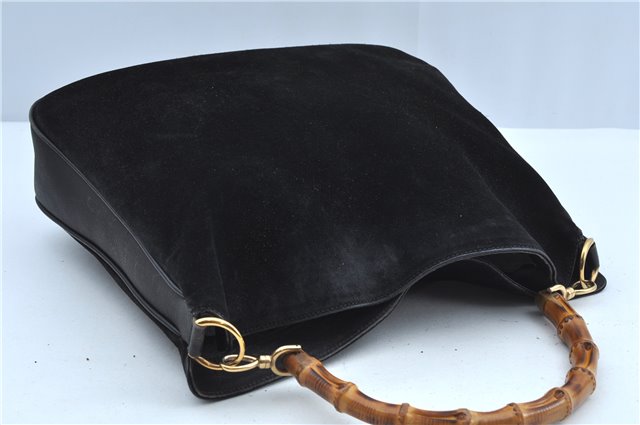 Authentic GUCCI Bamboo 2Way Shoulder Hand Bag Suede Leather Black Junk J9609