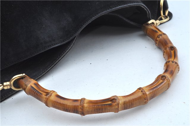 Authentic GUCCI Bamboo 2Way Shoulder Hand Bag Suede Leather Black Junk J9609