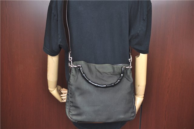 Authentic GUCCI Bamboo 2Way Shoulder Bag Nylon Leather 0011638 Khaki Green J9610