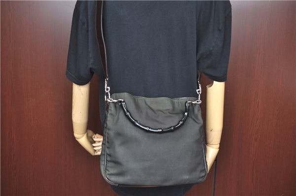 Authentic GUCCI Bamboo 2Way Shoulder Bag Nylon Leather 0011638 Khaki Green J9610