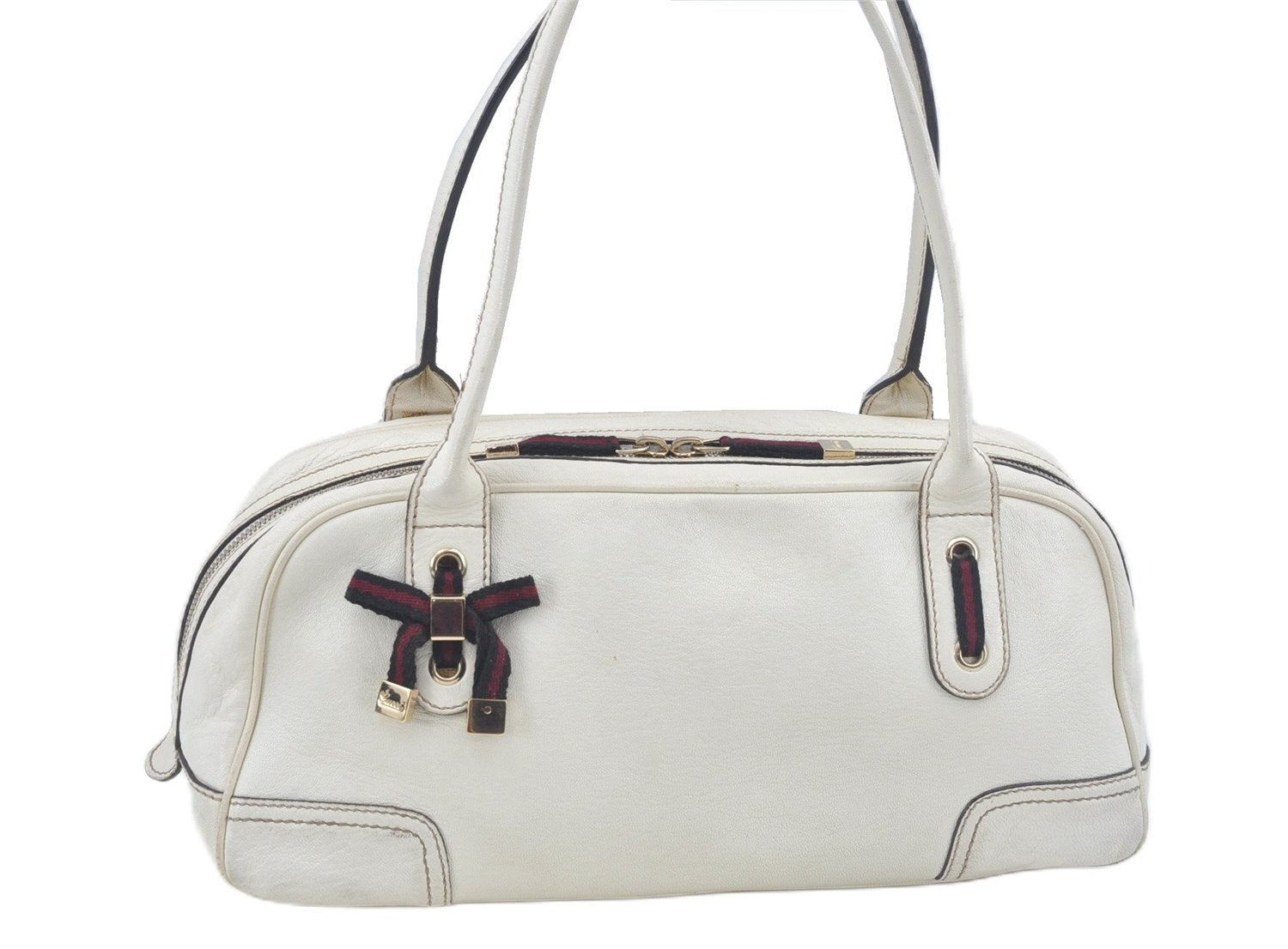 Authentic GUCCI SherryLine Princy Ribbon Shoulder Bag Leather 161720 Ivory J9613