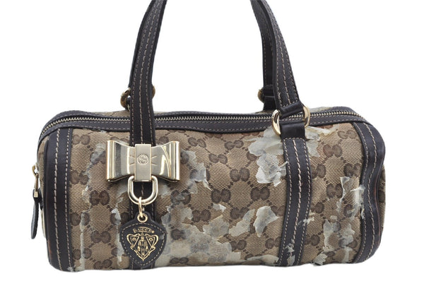 Authentic GUCCI GG Crystal Ribbon Hand Boston Bag PVC Leather 181485 Brown J9623