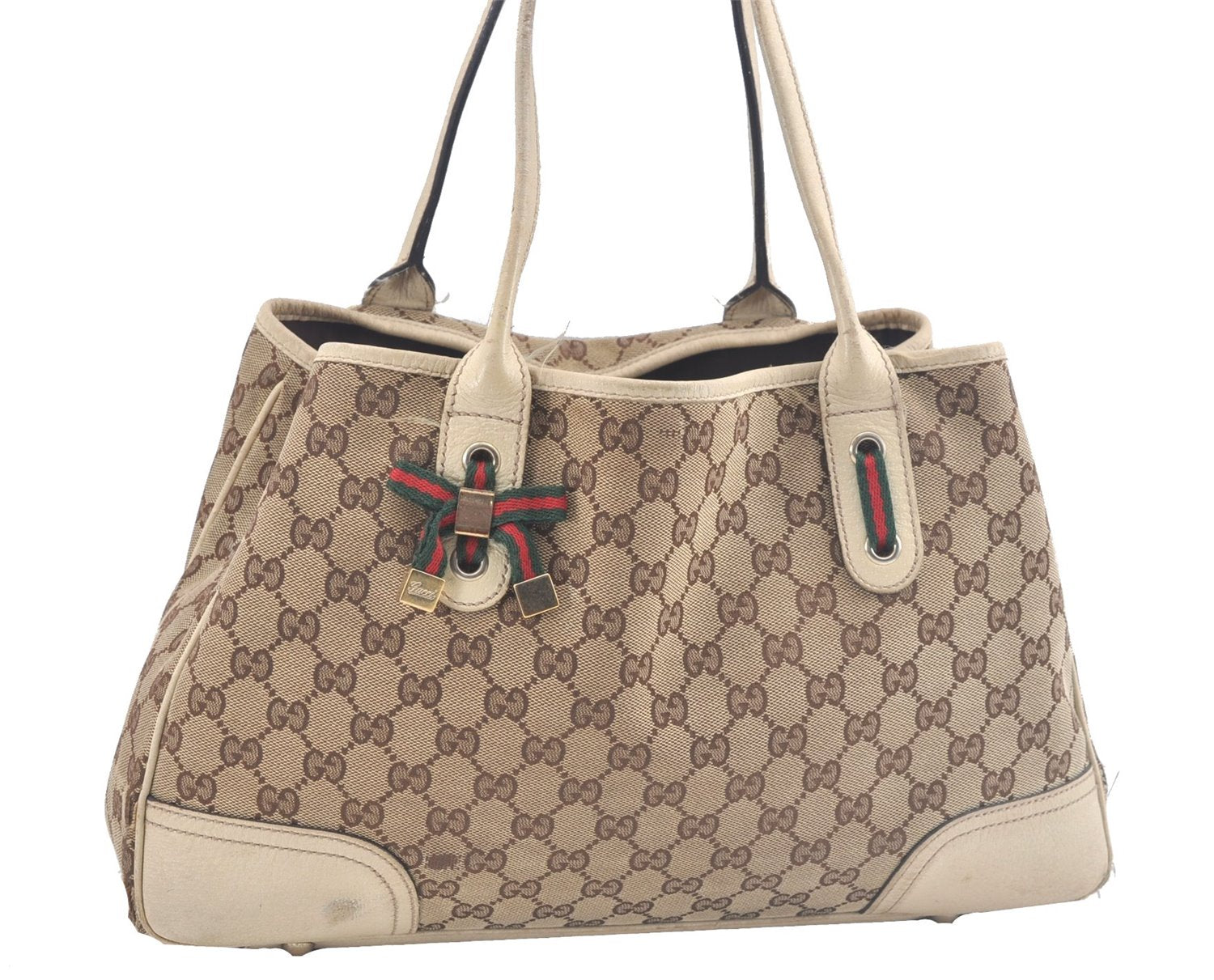 Authentic GUCCI Sherry Line Princy Ribbon Tote Bag GG Canvas 163805 Brown J9624