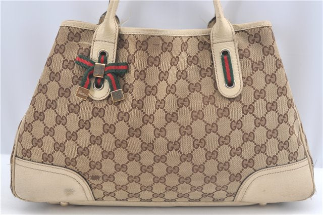 Authentic GUCCI Sherry Line Princy Ribbon Tote Bag GG Canvas 163805 Brown J9624