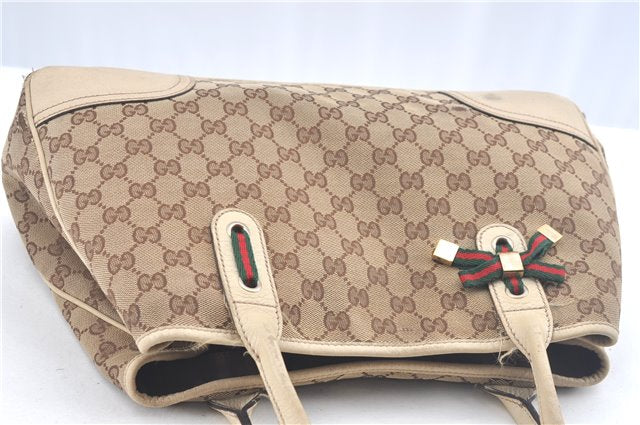 Authentic GUCCI Sherry Line Princy Ribbon Tote Bag GG Canvas 163805 Brown J9624