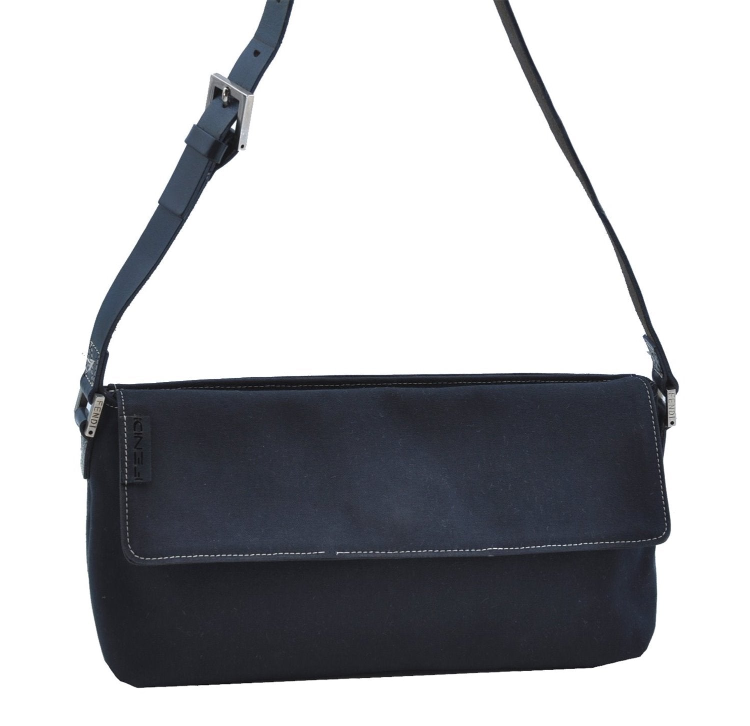Authentic FENDI Vintage Shoulder Hand Bag Purse Canvas Leather Navy Blue J9628