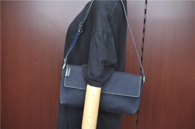 Authentic FENDI Vintage Shoulder Hand Bag Purse Canvas Leather Navy Blue J9628