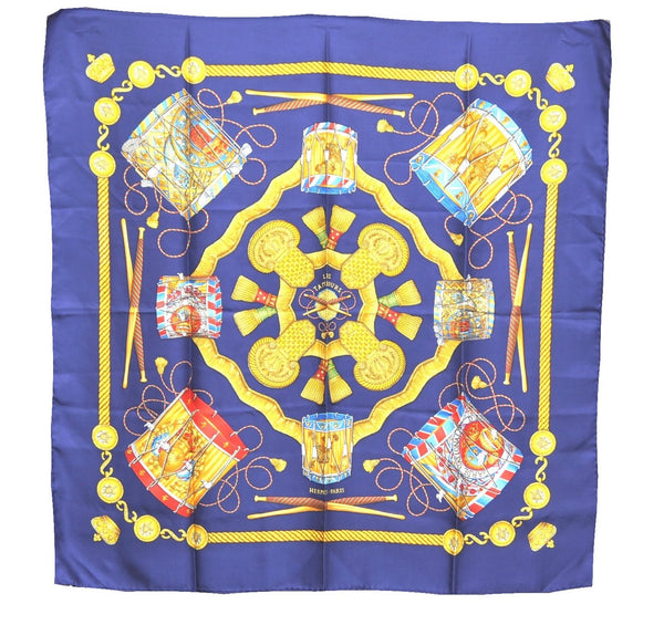 Authentic HERMES Carre 90 Scarf "LES TAMBOURS" Silk Navy Blue J9635