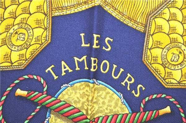 Authentic HERMES Carre 90 Scarf "LES TAMBOURS" Silk Navy Blue J9635