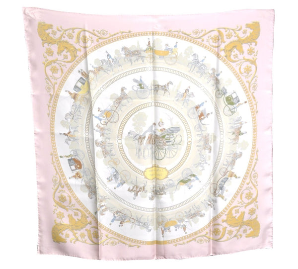 Authentic HERMES Carre 90 Scarf "LA PROMENADE DE LONGCHAMPS" Silk Pink Box J9644