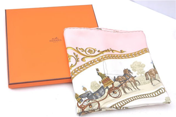 Authentic HERMES Carre 90 Scarf "LA PROMENADE DE LONGCHAMPS" Silk Pink Box J9644