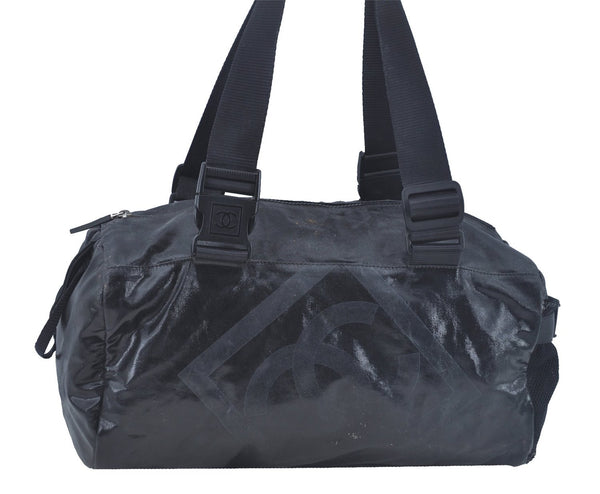 Authentic CHANEL Sports Line CC Logo Shoulder Boston Bag PVC Nylon Black J9647