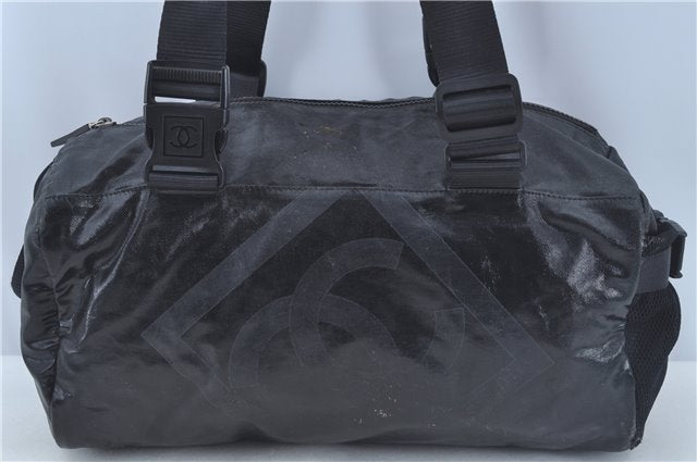 Authentic CHANEL Sports Line CC Logo Shoulder Boston Bag PVC Nylon Black J9647
