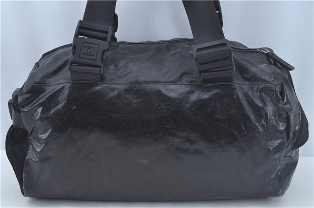 Authentic CHANEL Sports Line CC Logo Shoulder Boston Bag PVC Nylon Black J9647