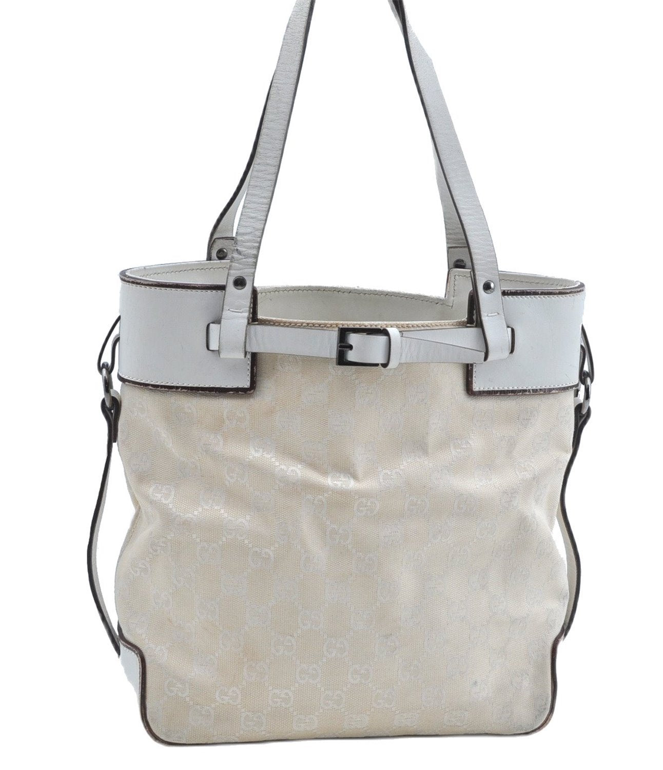 Authentic GUCCI Shoulder Tote Bag Purse GG Canvas Leather 107757 White J9650