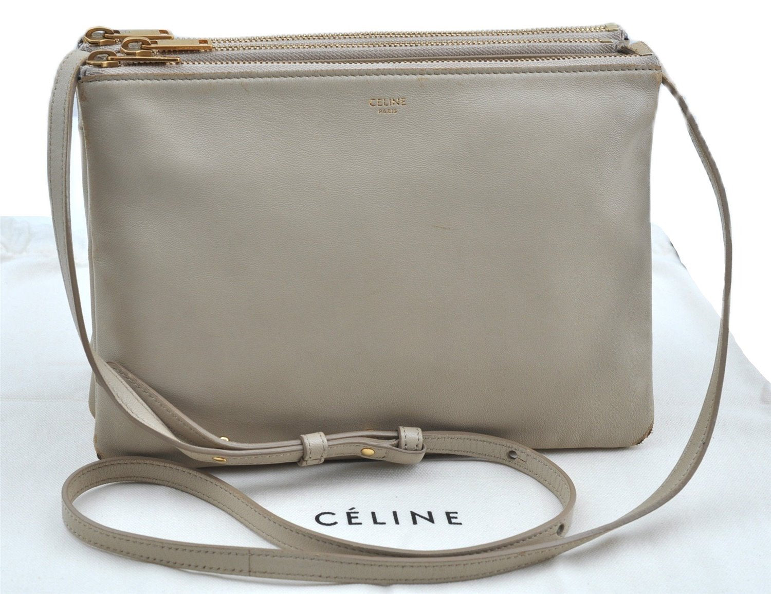 Authentic CELINE TRIO Shoulder Cross Body Bag Purse Leather Ivroy J9671