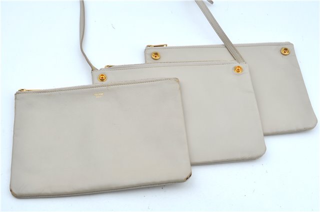 Authentic CELINE TRIO Shoulder Cross Body Bag Purse Leather Ivroy J9671