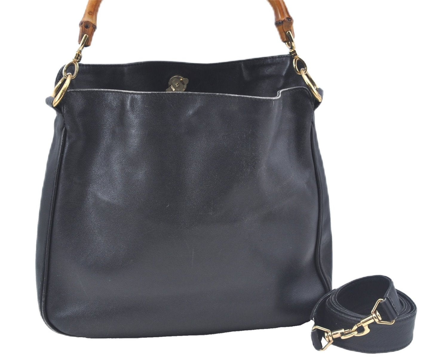 Authentic GUCCI Bamboo 2way Hand Shoulder Crossbody Bag Leather Black Junk J9695