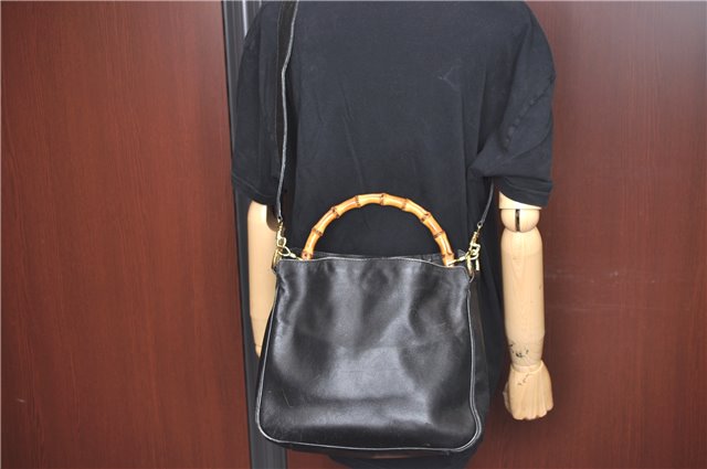 Authentic GUCCI Bamboo 2way Hand Shoulder Crossbody Bag Leather Black Junk J9695