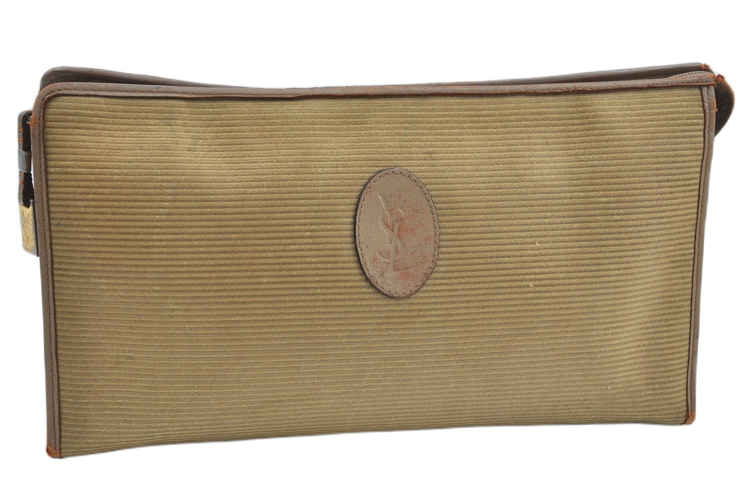 Authentic YVES SAINT LAURENT Clutch Hand Bag Purse PVC Leather Beige J9697