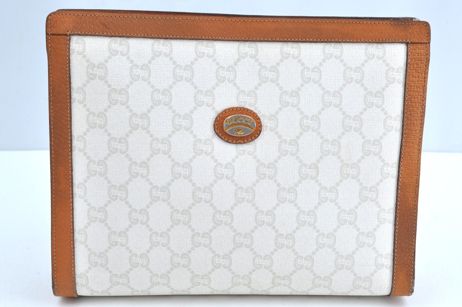 Authentic GUCCI GG Plus Clutch Hand Bag Purse PVC Leather White Brown Junk K0955