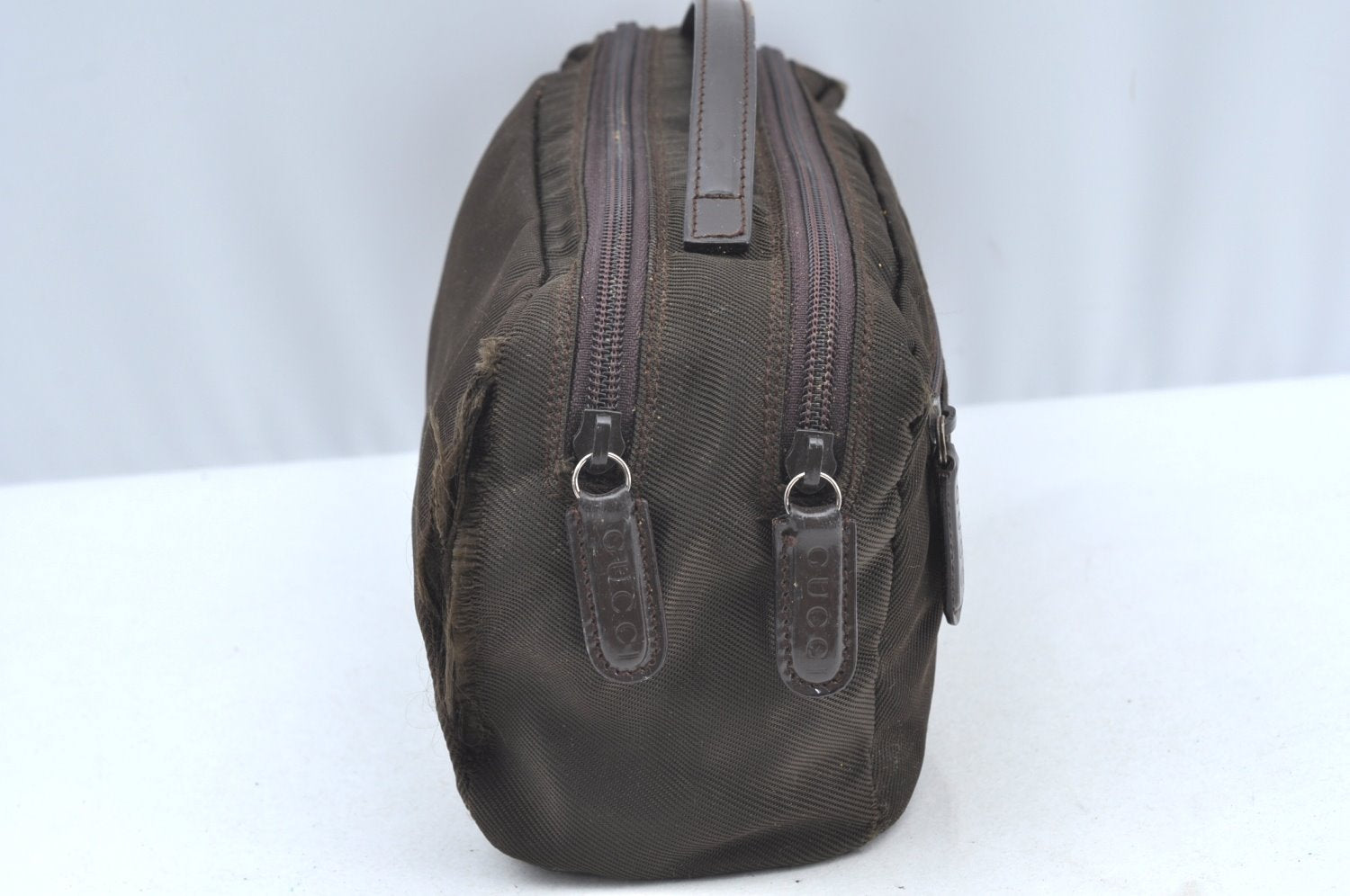 Authentic GUCCI Hand Bag Purse Nylon Leather Khaki Green Brown Junk K0986