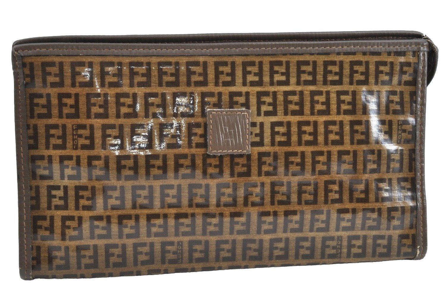 Authentic FENDI Zucchino Clutch Hand Bag Purse PVC Leather Brown K0987