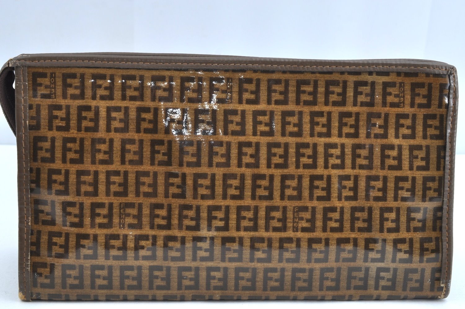 Authentic FENDI Zucchino Clutch Hand Bag Purse PVC Leather Brown K0987
