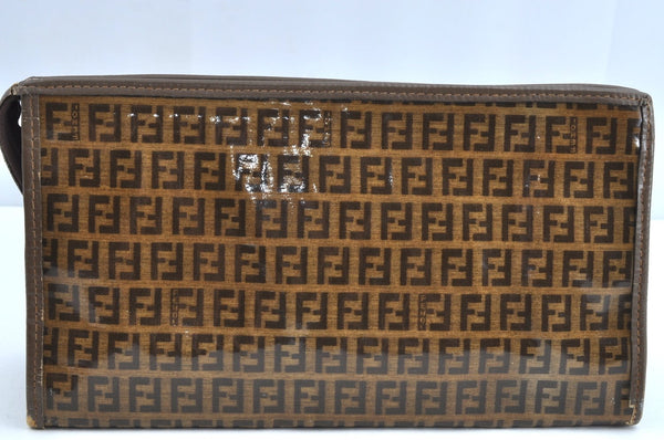 Authentic FENDI Zucchino Clutch Hand Bag Purse PVC Leather Brown K0987