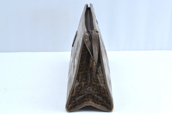 Authentic FENDI Zucchino Clutch Hand Bag Purse PVC Leather Brown K0987