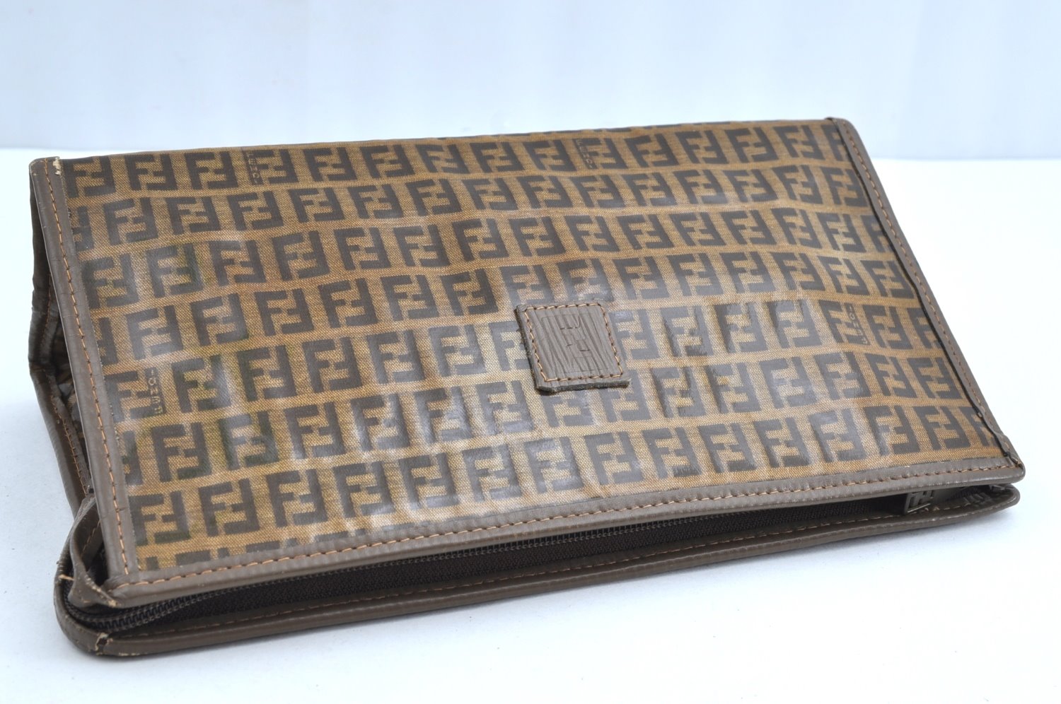 Authentic FENDI Zucchino Clutch Hand Bag Purse PVC Leather Brown K0987