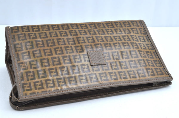 Authentic FENDI Zucchino Clutch Hand Bag Purse PVC Leather Brown K0987