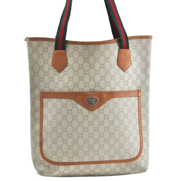 Authentic GUCCI Web Sherry Line GG Plus Tote Bag PVC Leather Beige K1835