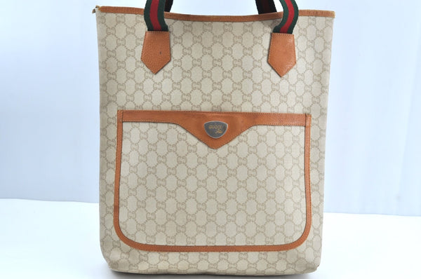 Authentic GUCCI Web Sherry Line GG Plus Tote Bag PVC Leather Beige K1835