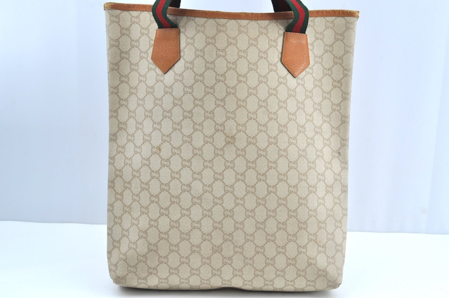 Authentic GUCCI Web Sherry Line GG Plus Tote Bag PVC Leather Beige K1835