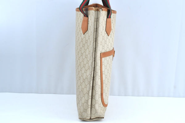 Authentic GUCCI Web Sherry Line GG Plus Tote Bag PVC Leather Beige K1835